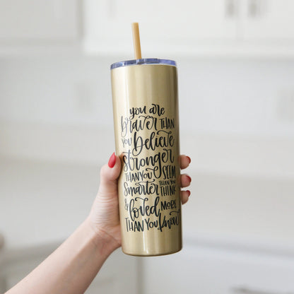 Inspirational Water Bottle, Encouragement Gift, Glitter Skinny Tumbler, Brave Strong Smart Loved Travel Cup Joyful Moose