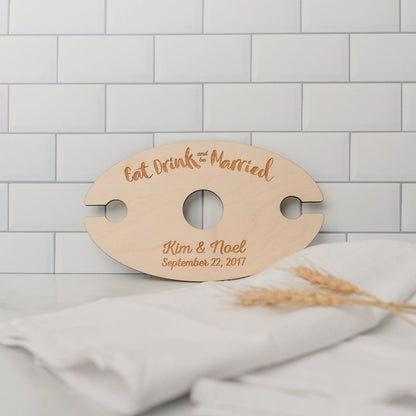 Wine Glass Holder - Wedding Gift - Eat Drink & Be Married - Personalized Wood Wine Glass Carrier Joyful Moose