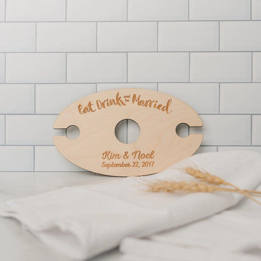 Wine Glass Holder - Wedding Gift - Eat Drink & Be Married - Personalized Wood Wine Glass Carrier Joyful Moose