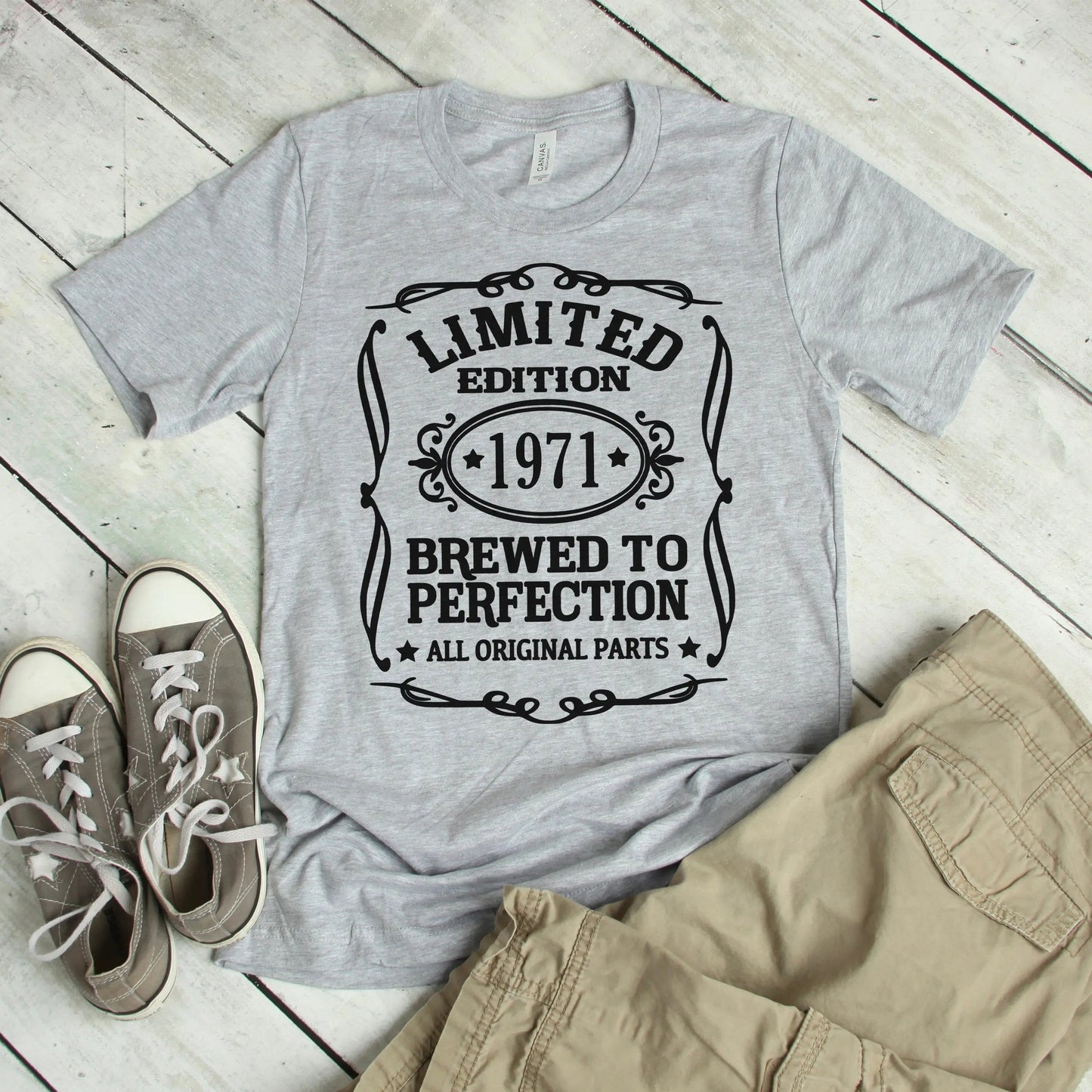 Mens Graphic Tee, Limited Edition Birth Year Gray T-shirt for Men, 50th Birthday Gift for him, husband birthday gift Joyful Moose