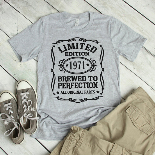 Mens Graphic Tee, Limited Edition Birth Year Gray T-shirt for Men, 50th Birthday Gift for him, husband birthday gift Joyful Moose