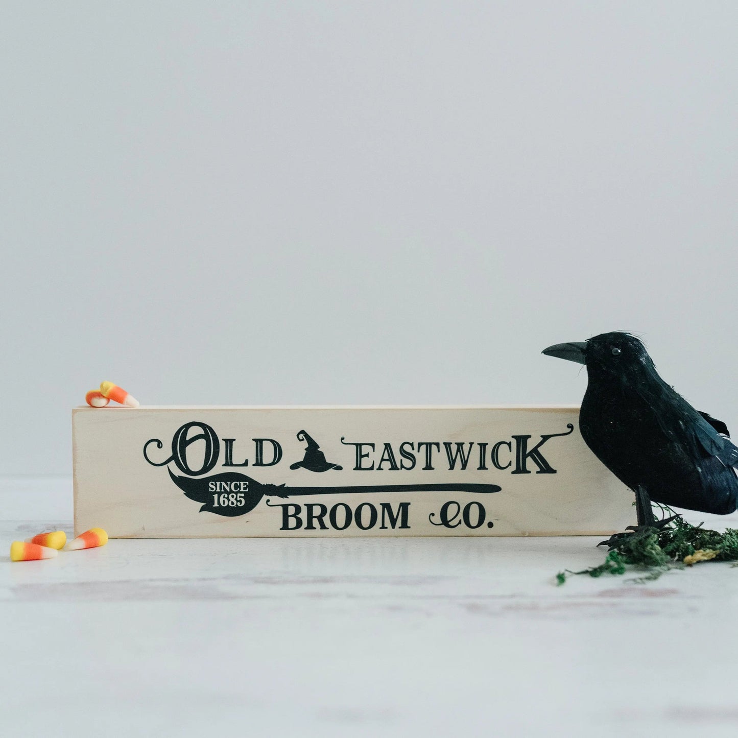 Halloween Signs | Halloween Tiered Tray Decor | Halloween Decor Wood Block | Wood Framed Miniature Sign | Old Eastwick Broom Co. Wood Sign Joyful Moose