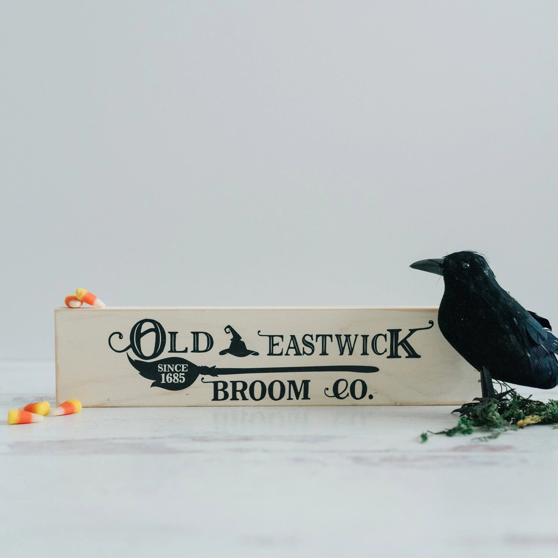 Halloween Signs | Halloween Tiered Tray Decor | Halloween Decor Wood Block | Wood Framed Miniature Sign | Old Eastwick Broom Co. Wood Sign Joyful Moose