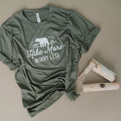 Hike More, Worry Less T-shirt, Hiking Gift, Adventure, Travel, Outdoors Shirt, Camping Tshirt Joyful Moose