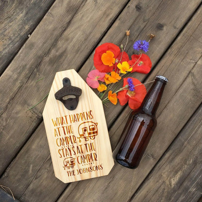 RV Camper Bottle Opener Wood Sign - What happens at the camper stays at the camper Joyful Moose