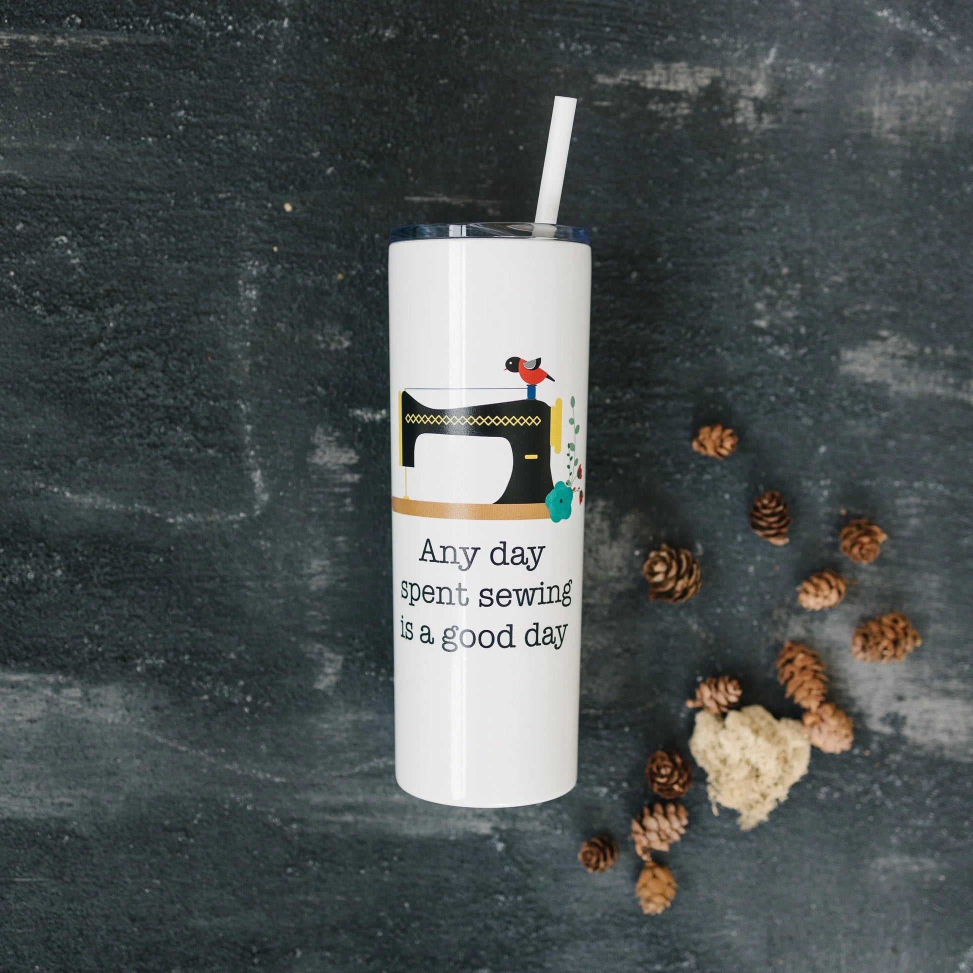 Sewing Travel Cup - Water Bottle Gift for Quilters - Sewing Machine Skinny Tumbler Joyful Moose