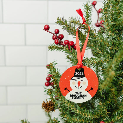 Personalized Ornament, Personalized Snowman Christmas Ornament, Round Christmas Tree Ornament Joyful Moose
