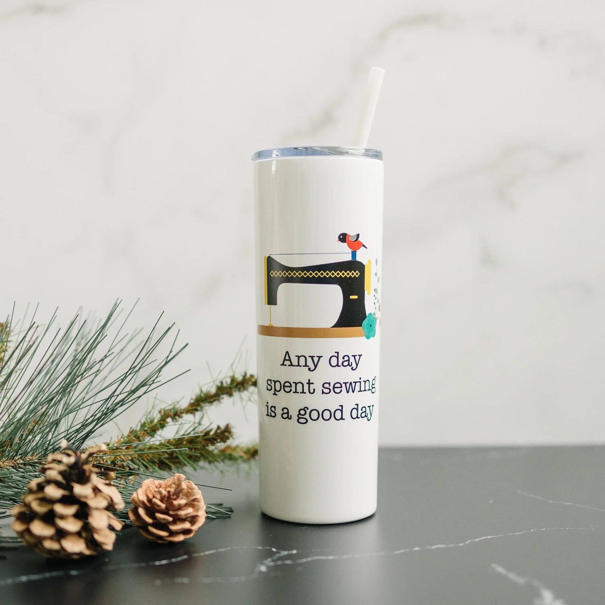 Sewing Travel Cup - Water Bottle Gift for Quilters - Sewing Machine Skinny Tumbler Joyful Moose