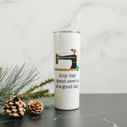 Sewing Travel Cup - Water Bottle Gift for Quilters - Sewing Machine Skinny Tumbler Joyful Moose