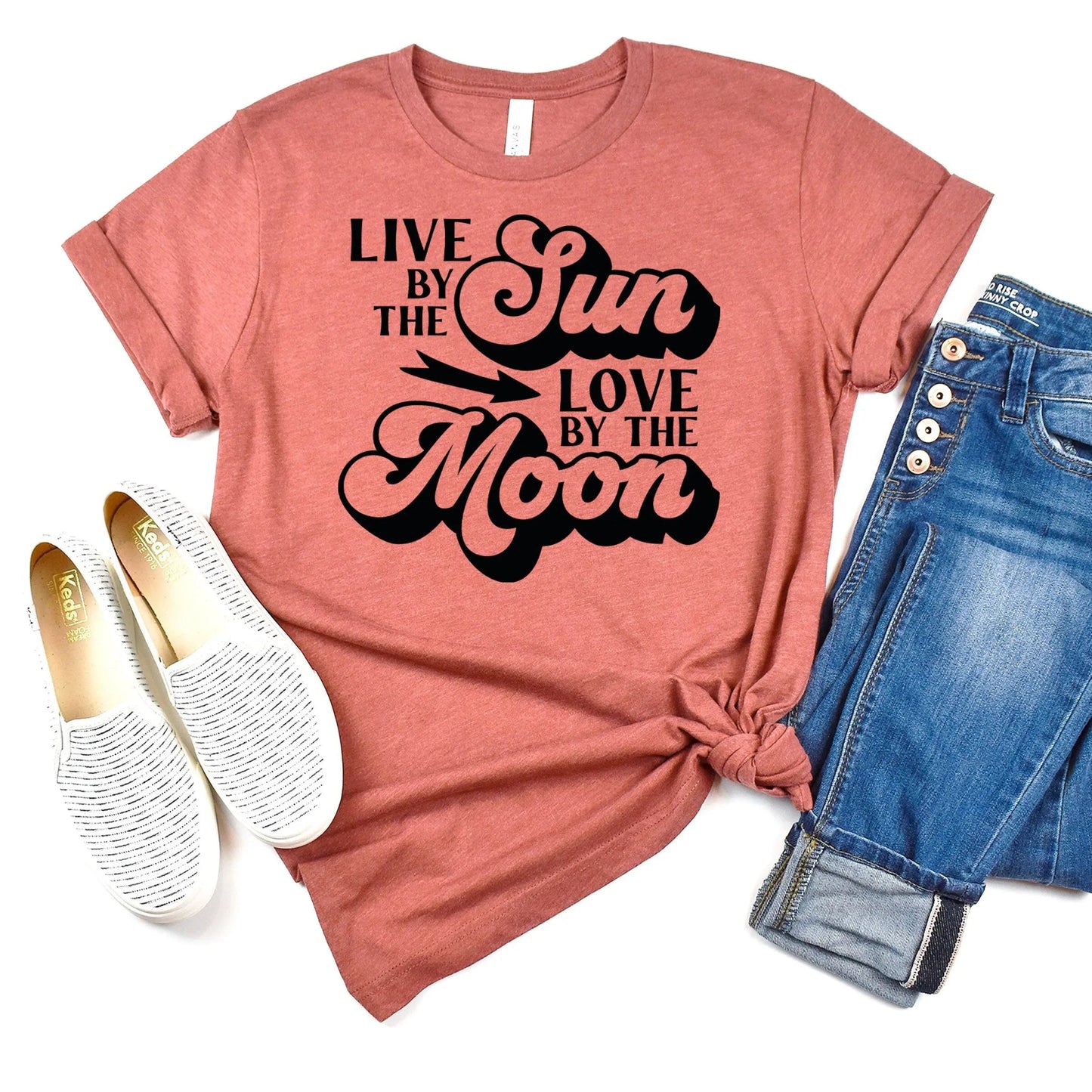 Celestial Tshirt, trendy shirts, moon shirt, boho hippie shirt, sunshine shirt, moon t shirt, live by the sun love by the moon Joyful Moose