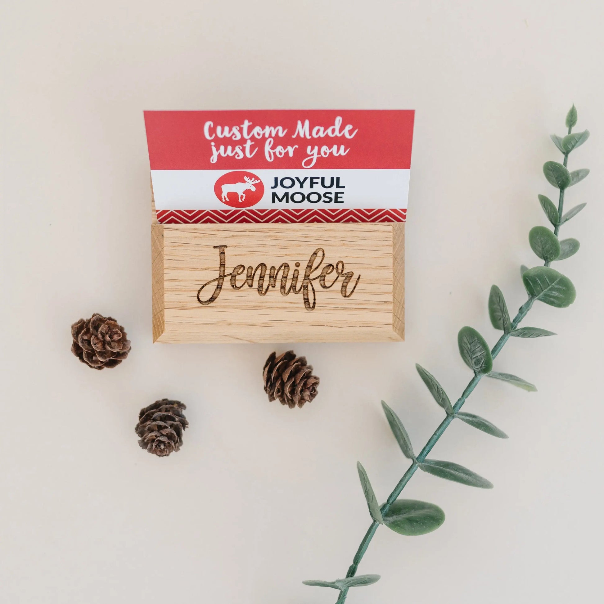 Wood Business Card Holder - Custom Engraved Card Display Stand With Non Slip Feet Joyful Moose