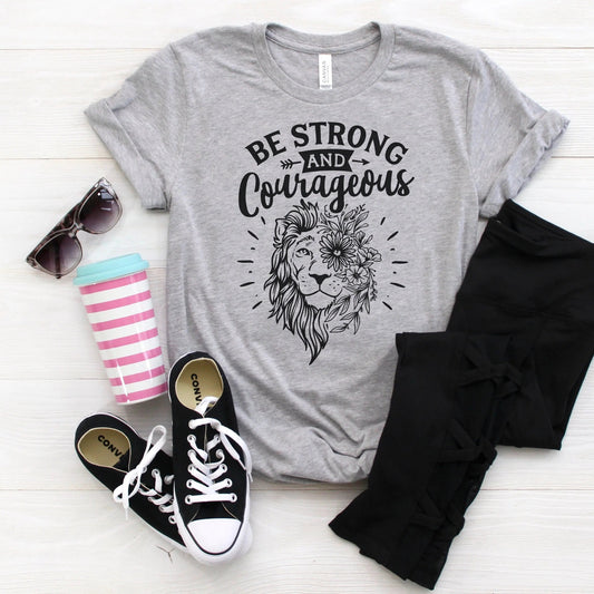Be Strong & Courageous Lion Tshirt, lion shirt women, Floral Lion Gifts, lion face floral shirt Joyful Moose