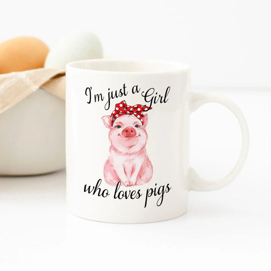 Pig Mug, Just a Girl who Loves Pigs Coffee Mug, pig gifts, Pig Coffee Mug, pig gifts for women, Pink Pig with Red Bandanna Joyful Moose