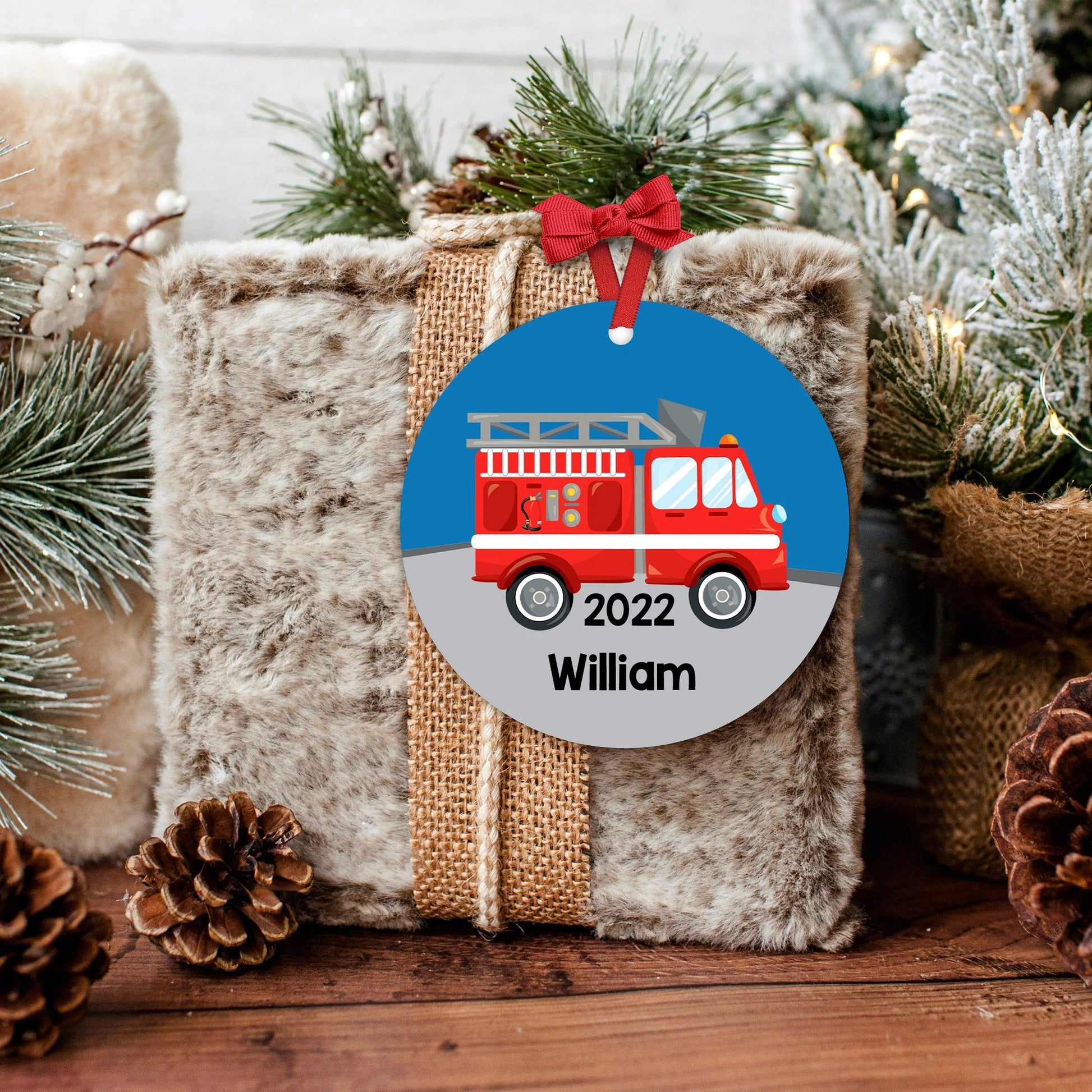 Boy Ornament - Personalized Fire Truck Christmas Ornament - Personalized Kids Gift, Fire Truck Gift for Boys Joyful Moose