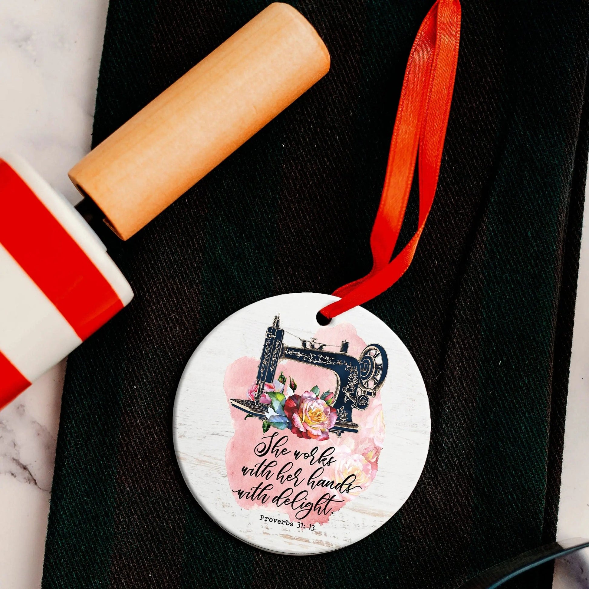 Proverbs 31 Ornament, Sewing Machine Christmas Ornament, Bible Verse Ornament, Proverbs 31 women gift for her, secret santa stocking stuffer Joyful Moose