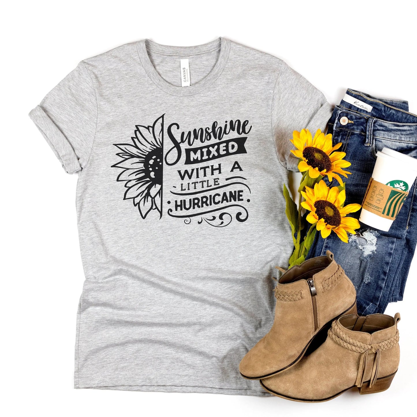 Sunflower Tshirt, flower shirt, Sunshine Shirt, summer shirt, Sunshine mixed with a little hurricane graphic tee, Sunflower gift for her Joyful Moose
