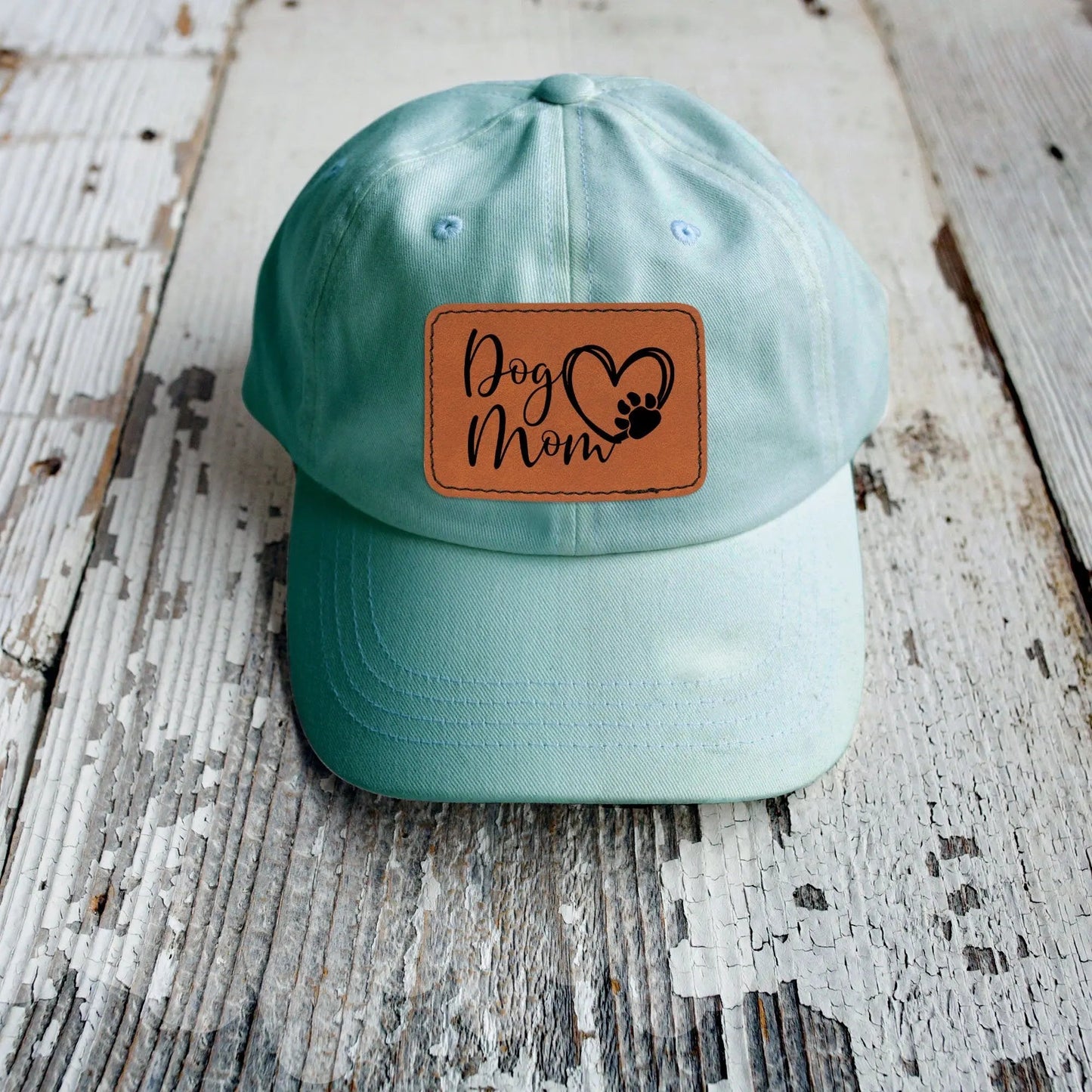 Dog Mom leather patch hat - coral, aqua trucker baseball cap Joyful Moose