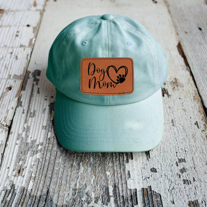 Dog Mom leather patch hat - coral, aqua trucker baseball cap Joyful Moose