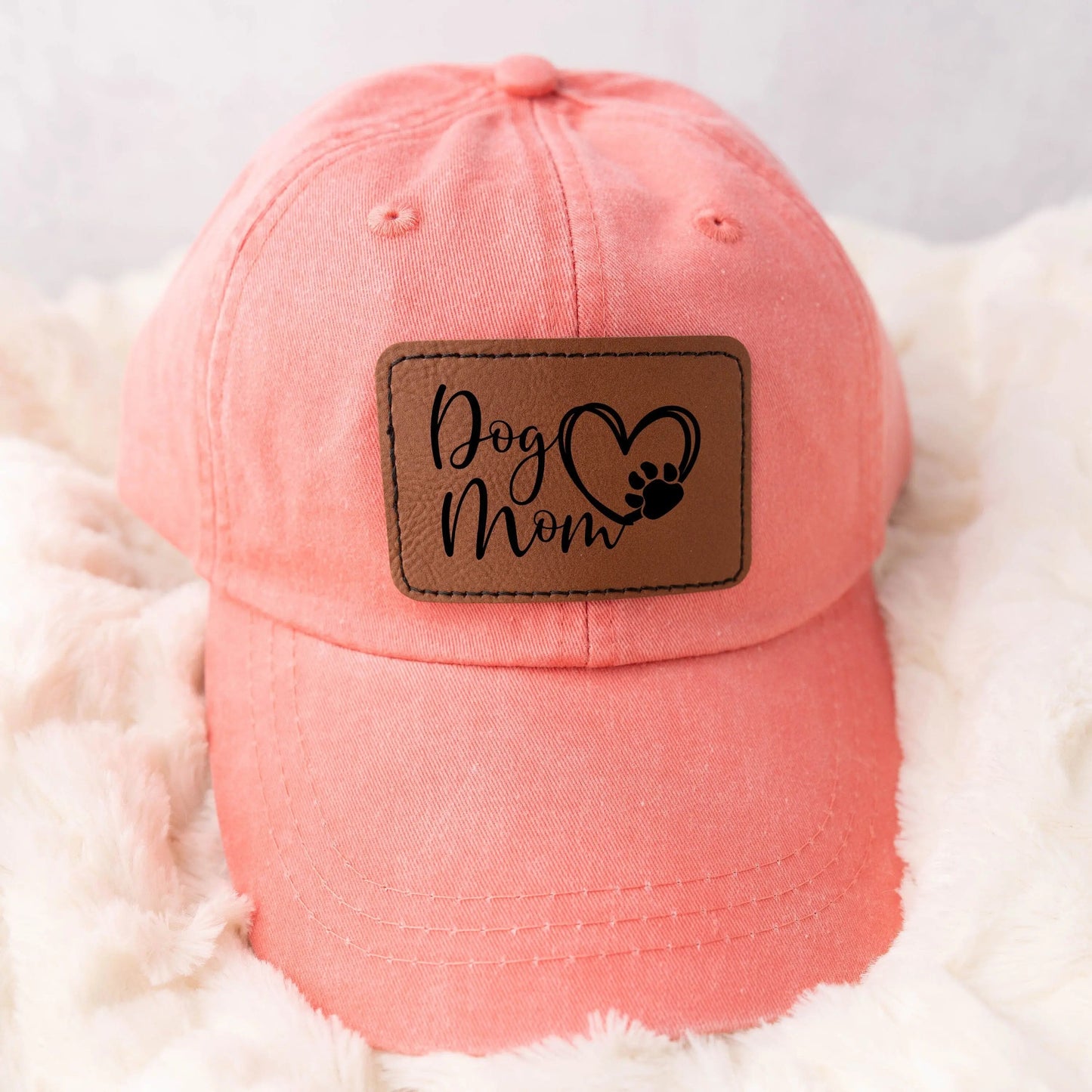 Dog Mom leather patch hat - coral, aqua trucker baseball cap Joyful Moose