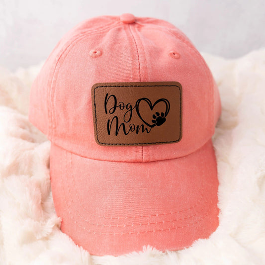 Dog Mom leather patch hat - coral, aqua trucker baseball cap Joyful Moose