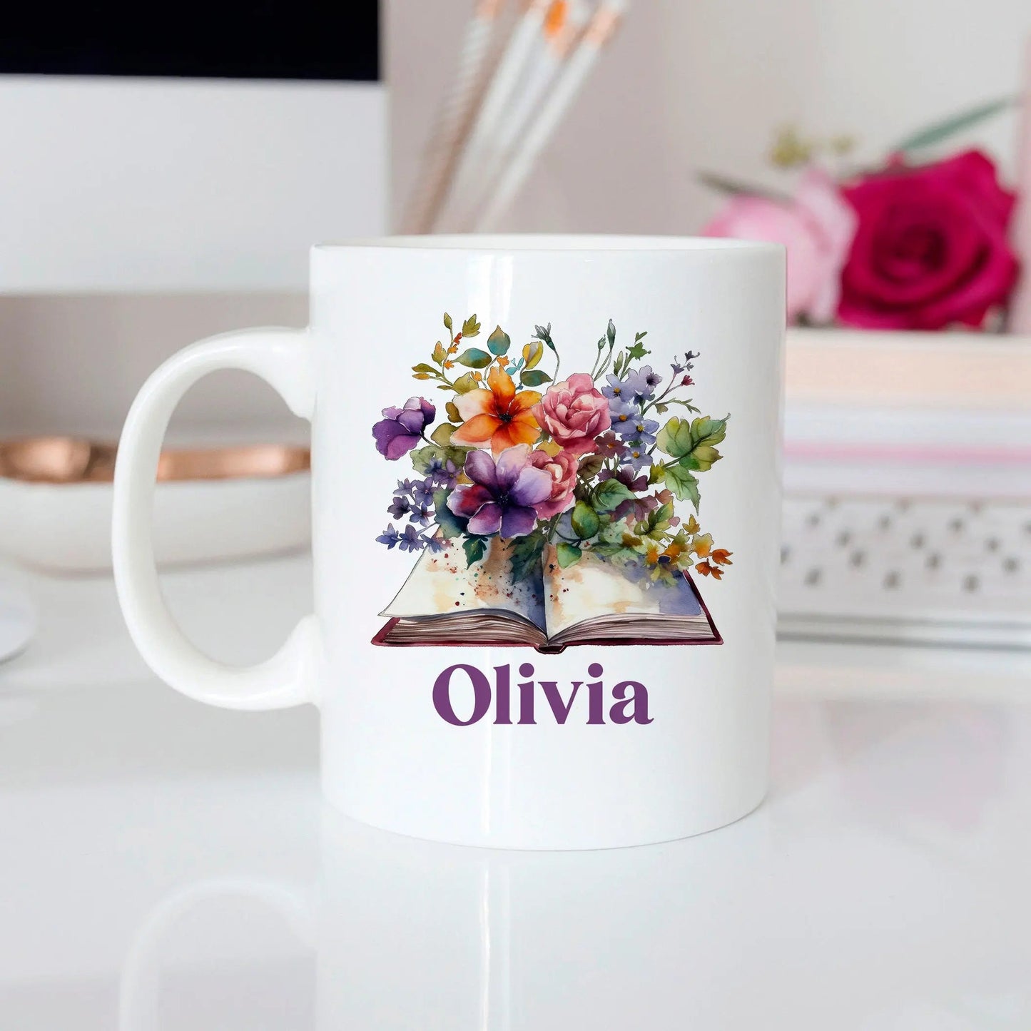 Personalized Name Coffee Mug for Women, floral books, book lover gift for teacher, library book reading mug, gift for book lovers, bookish Joyful Moose