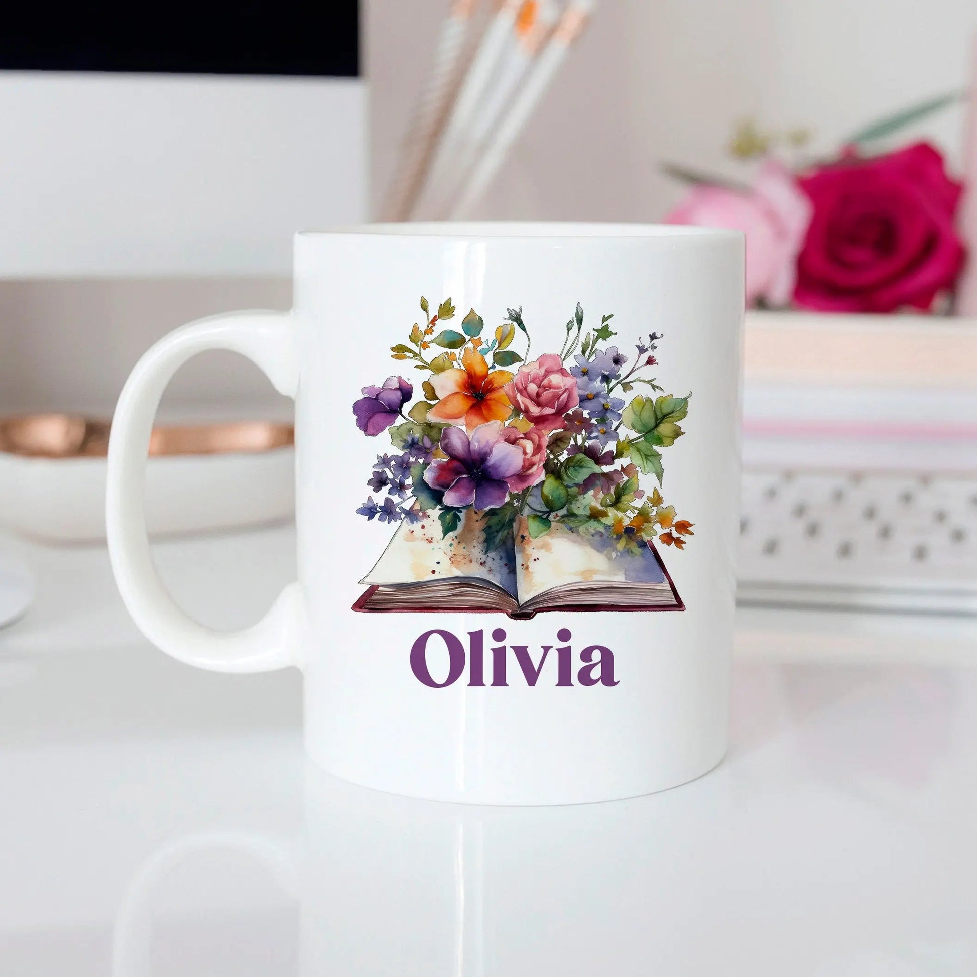 Personalized Name Coffee Mug for Women, floral books, book lover gift for teacher, library book reading mug, gift for book lovers, bookish Joyful Moose