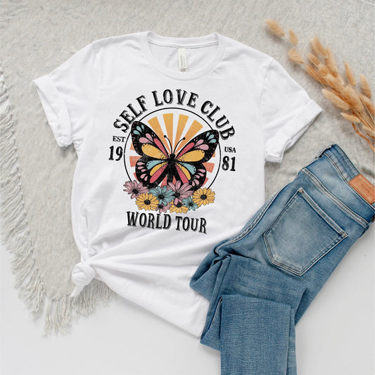Self Love Club Shirt – Butterfly Inspirational Tee | Soft White Cotton Joyful Moose