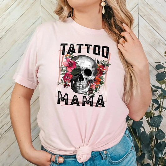 Tattoo Mama Shirt with Skull & Flowers - Soft Pink Tee for Tattoo Lovers - Unisex Size Options Joyful Moose
