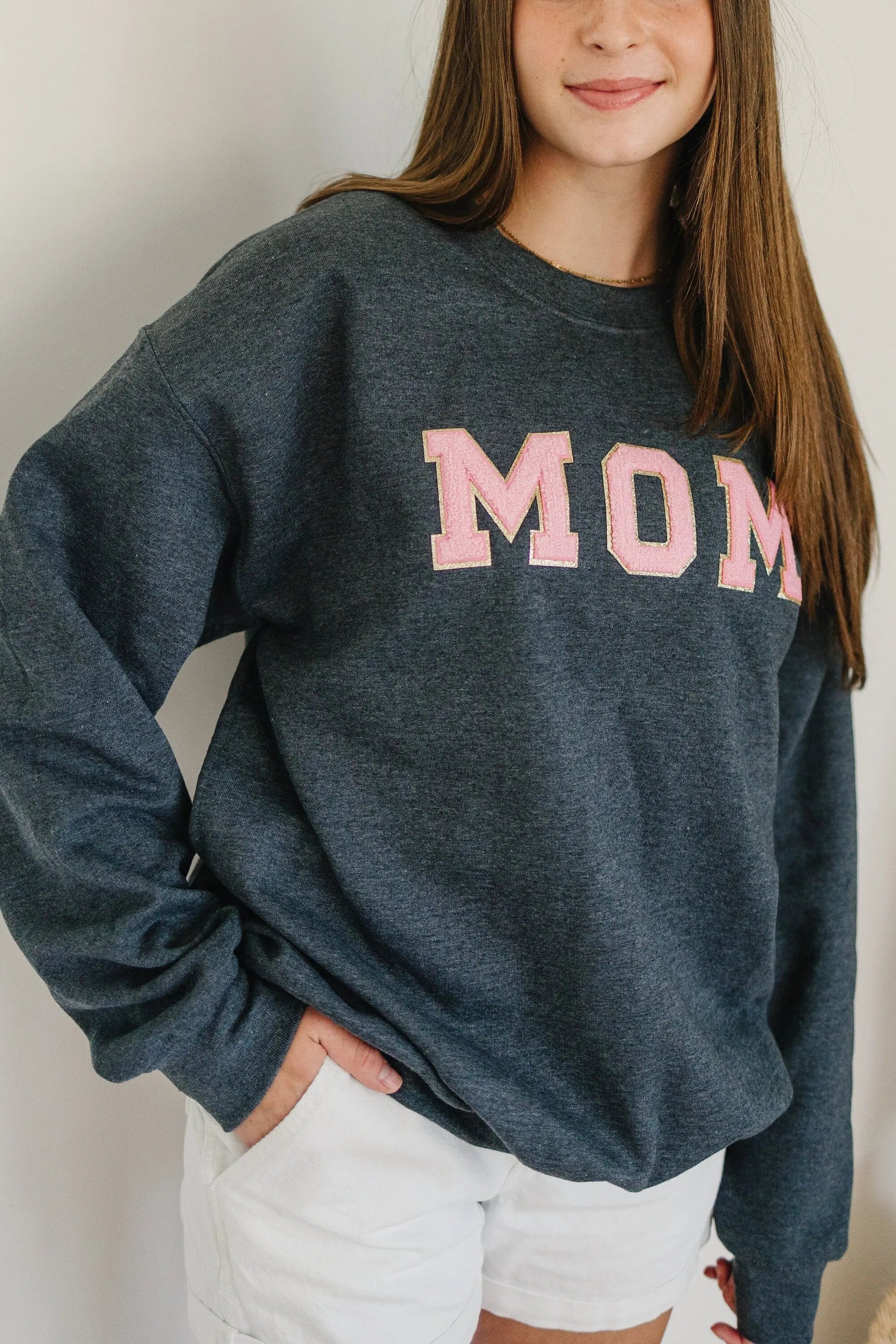Birthday Gift For Mom | Glitter Patch Mama Sweatshirt | Personalized Chenille Patch Shirt | Varsity Letter Patch Sweatshirt Joyful Moose