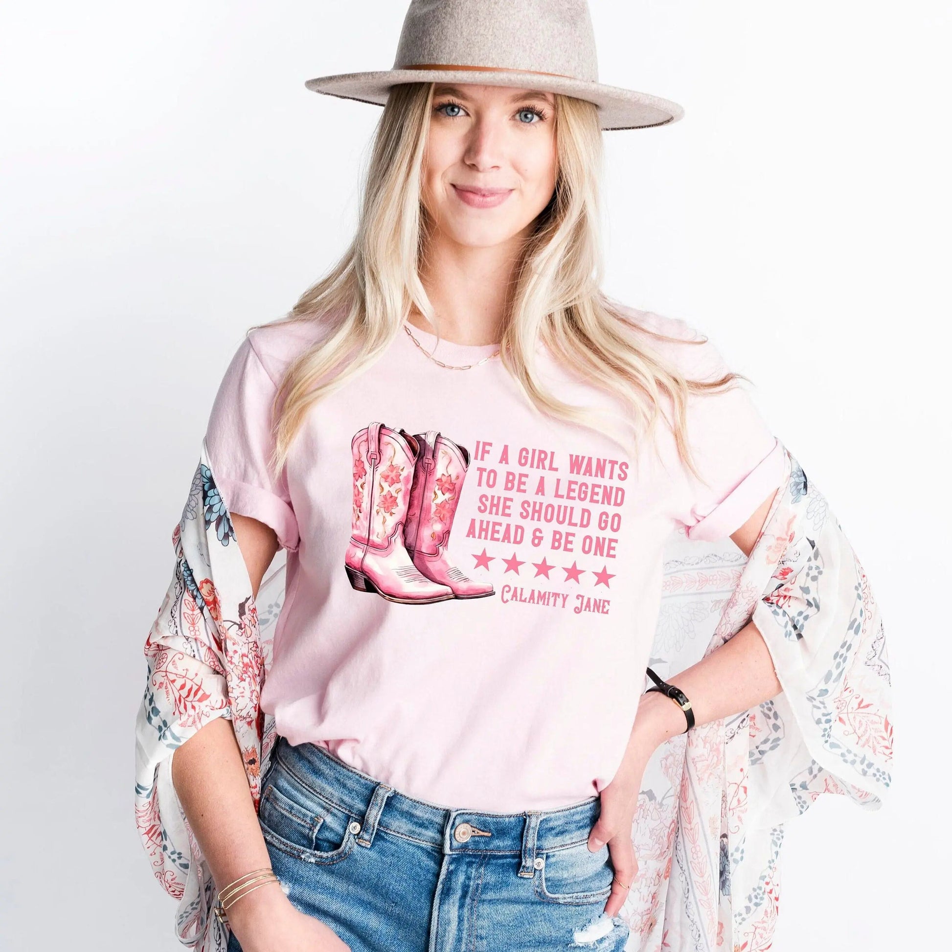 Cowgirl Shirt, Pink Cowgirl Boots, coastal cowgirl, cowgirl shirt for women, western legend girl quote, pink calamity jane shirt Joyful Moose