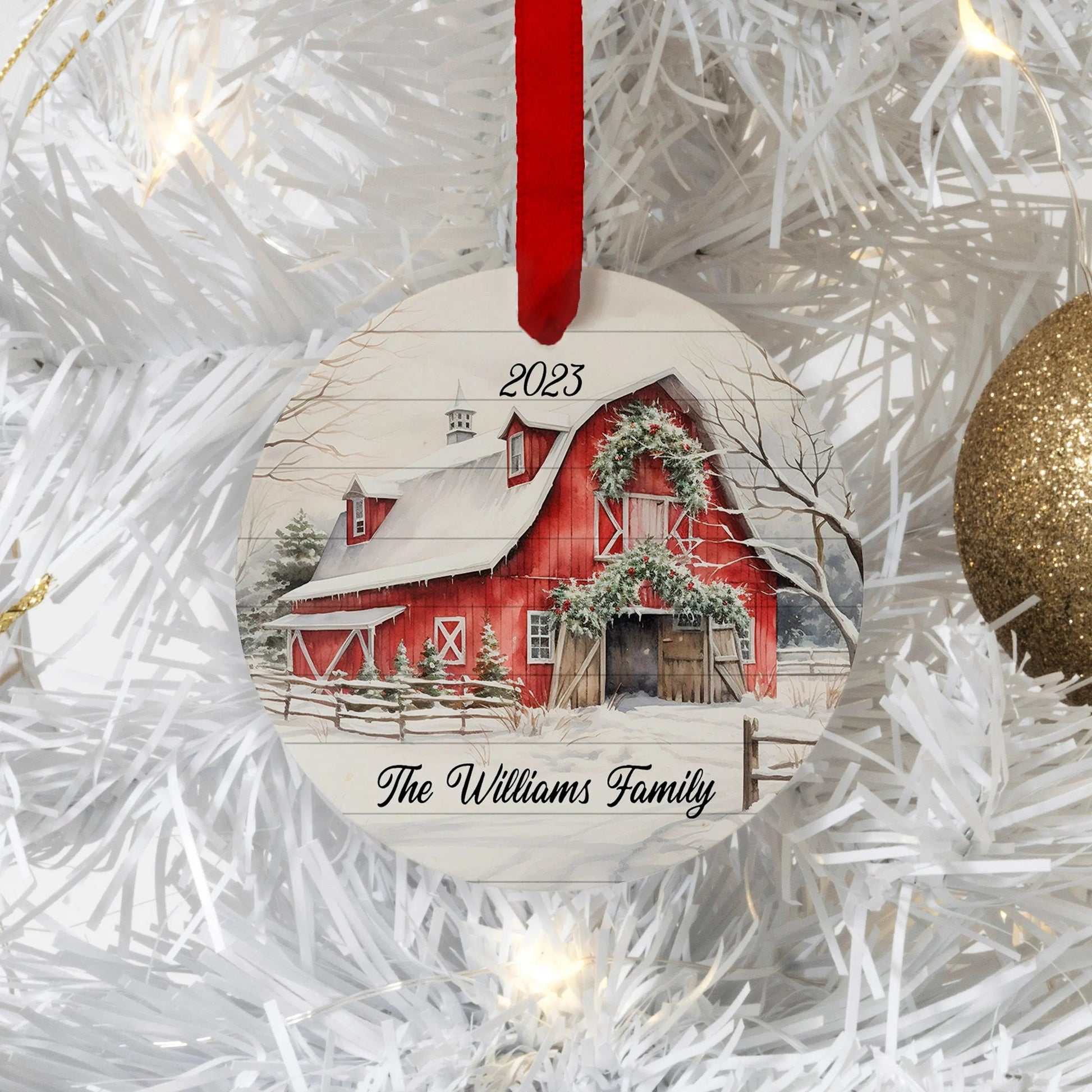farmhouse christmas ornament, red barn personalized family farm ornament Joyful Moose