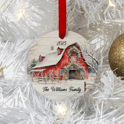 farmhouse christmas ornament, red barn personalized family farm ornament Joyful Moose