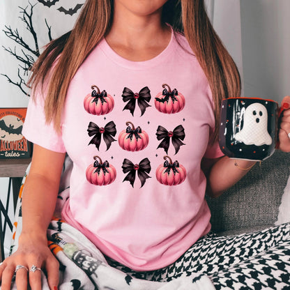 Coquette Halloween Shirt for her - Pink Pumpkins Black Bows - Pink Halloween Tshirt - Fall Shirt Joyful Moose