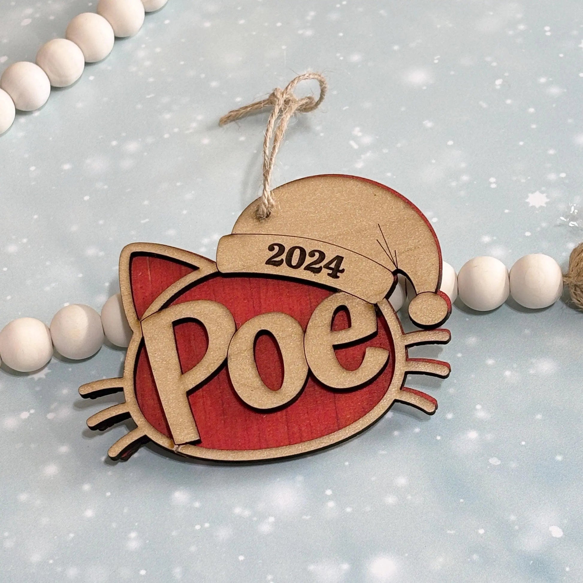 Personalized Cat Ornament Wooden Christmas Decoration Custom Pet Ornament 2024 Cat Face Santa Hat Tree Decor Handmade Wood Cat Lover Gift Joyful Moose