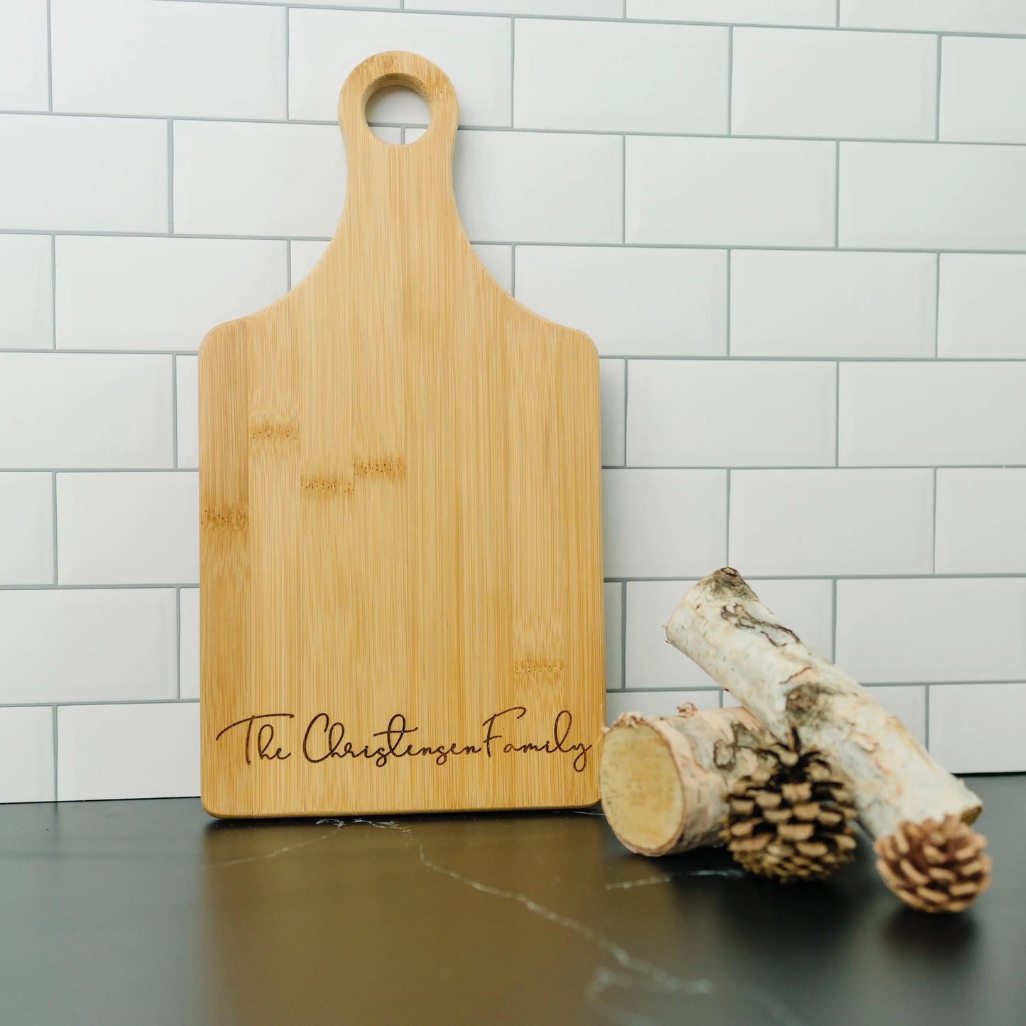 Personalized Bamboo Cutting Board with Handle Custom Kitchen Gift Wedding Gift Farmhouse Kitchen Decor Cheese Board Serving Set Housewarming Joyful Moose