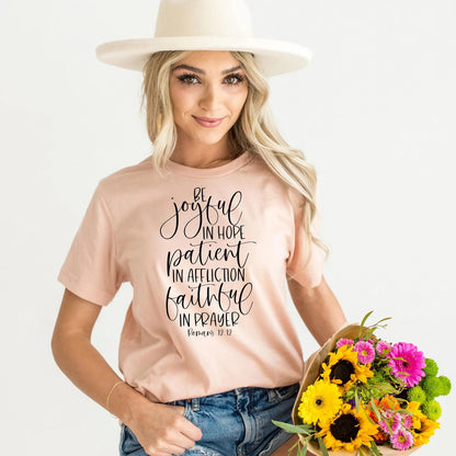 Christian shirts Romans 12:12 Bible Verse Shirt, Bella Canvas Christian Gifts for Women, Faith Tee Gift for Friend Joyful Moose
