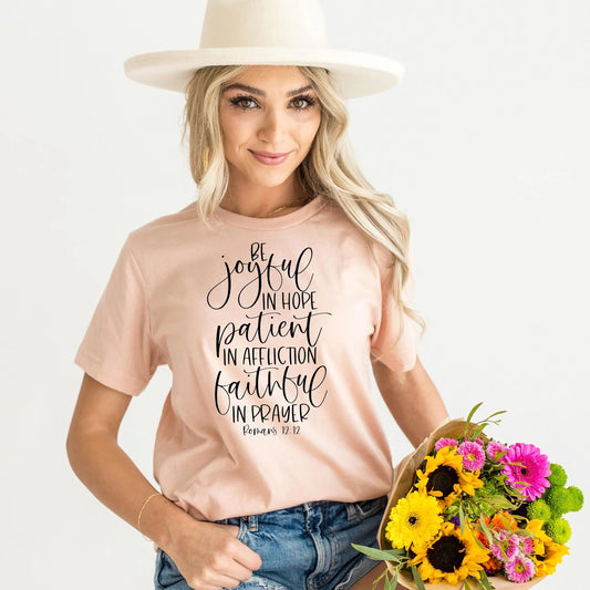 Christian shirts Romans 12:12 Bible Verse Shirt, Bella Canvas Christian Gifts for Women, Faith Tee Gift for Friend Joyful Moose