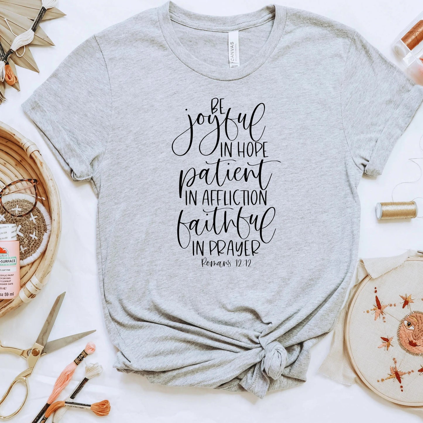 Christian shirts Romans 12:12 Bible Verse Shirt, Bella Canvas Christian Gifts for Women, Faith Tee Gift for Friend Joyful Moose