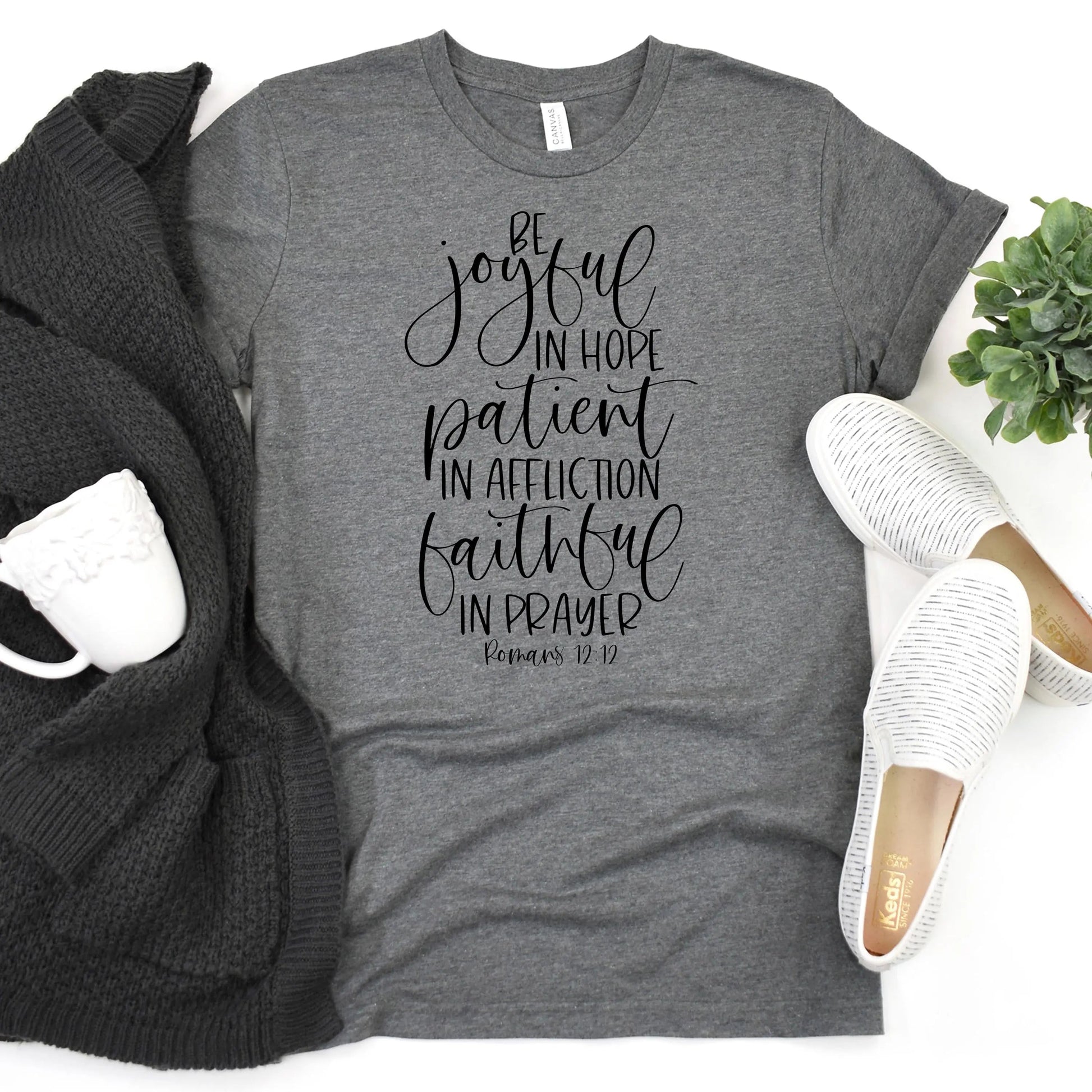 Christian shirts Romans 12:12 Bible Verse Shirt, Bella Canvas Christian Gifts for Women, Faith Tee Gift for Friend Joyful Moose