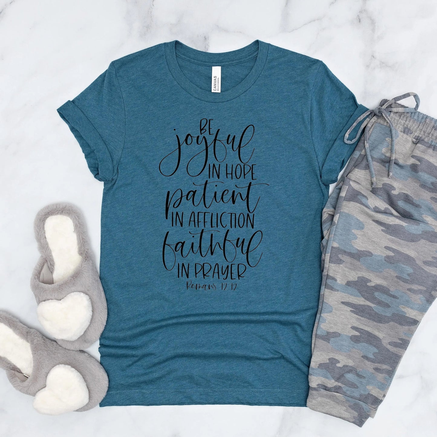 Christian shirts Romans 12:12 Bible Verse Shirt, Bella Canvas Christian Gifts for Women, Faith Tee Gift for Friend Joyful Moose