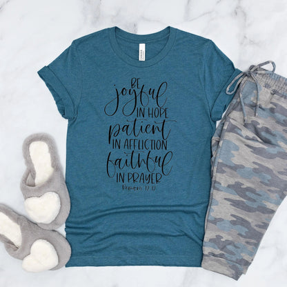 Christian shirts Romans 12:12 Bible Verse Shirt, Bella Canvas Christian Gifts for Women, Faith Tee Gift for Friend Joyful Moose