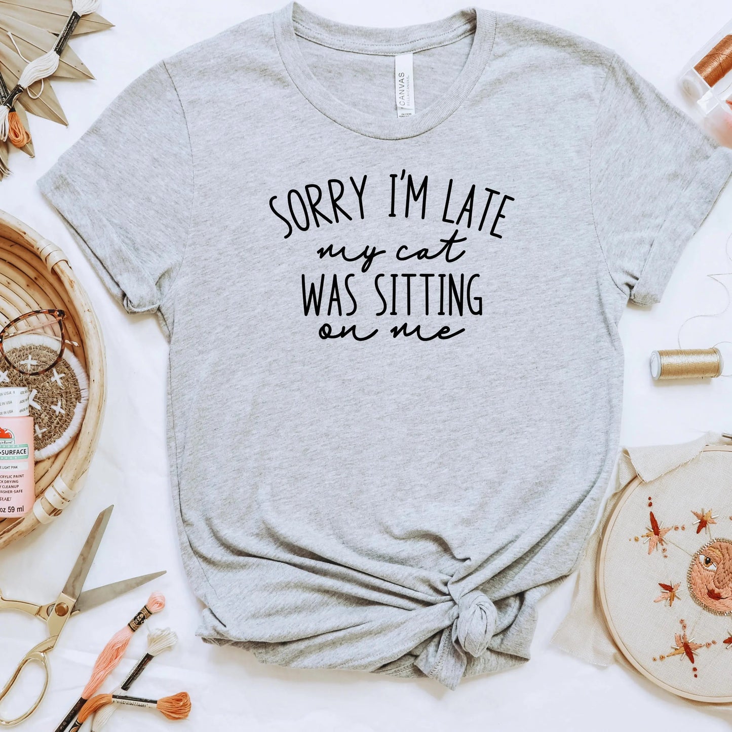 Funny Cat Shirt for Cat Mom - Sorry I'm Late, My Cat Was Sitting on Me Bella Canvas T-Shirt - Minimalist Aesthetic Introvert Homebody Joyful Moose