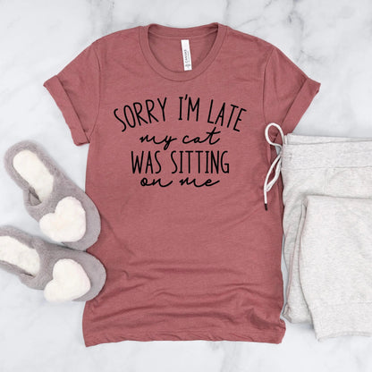 Funny Cat Shirt for Cat Mom - Sorry I'm Late, My Cat Was Sitting on Me Bella Canvas T-Shirt - Minimalist Aesthetic Introvert Homebody Joyful Moose