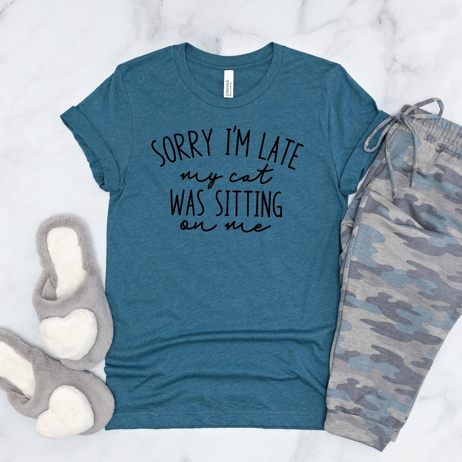 Funny Cat Shirt for Cat Mom - Sorry I'm Late, My Cat Was Sitting on Me Bella Canvas T-Shirt - Minimalist Aesthetic Introvert Homebody Joyful Moose