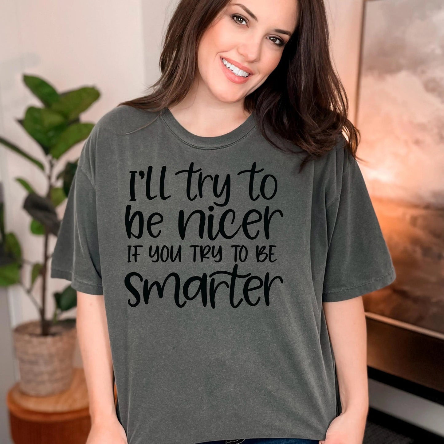 Funny Sarcastic Quote Shirt For Women – I'll Try To Be Nicer If You Try To Be Smarter Tee – Sassy Graphic T Shirt With Attitude Joyful Moose