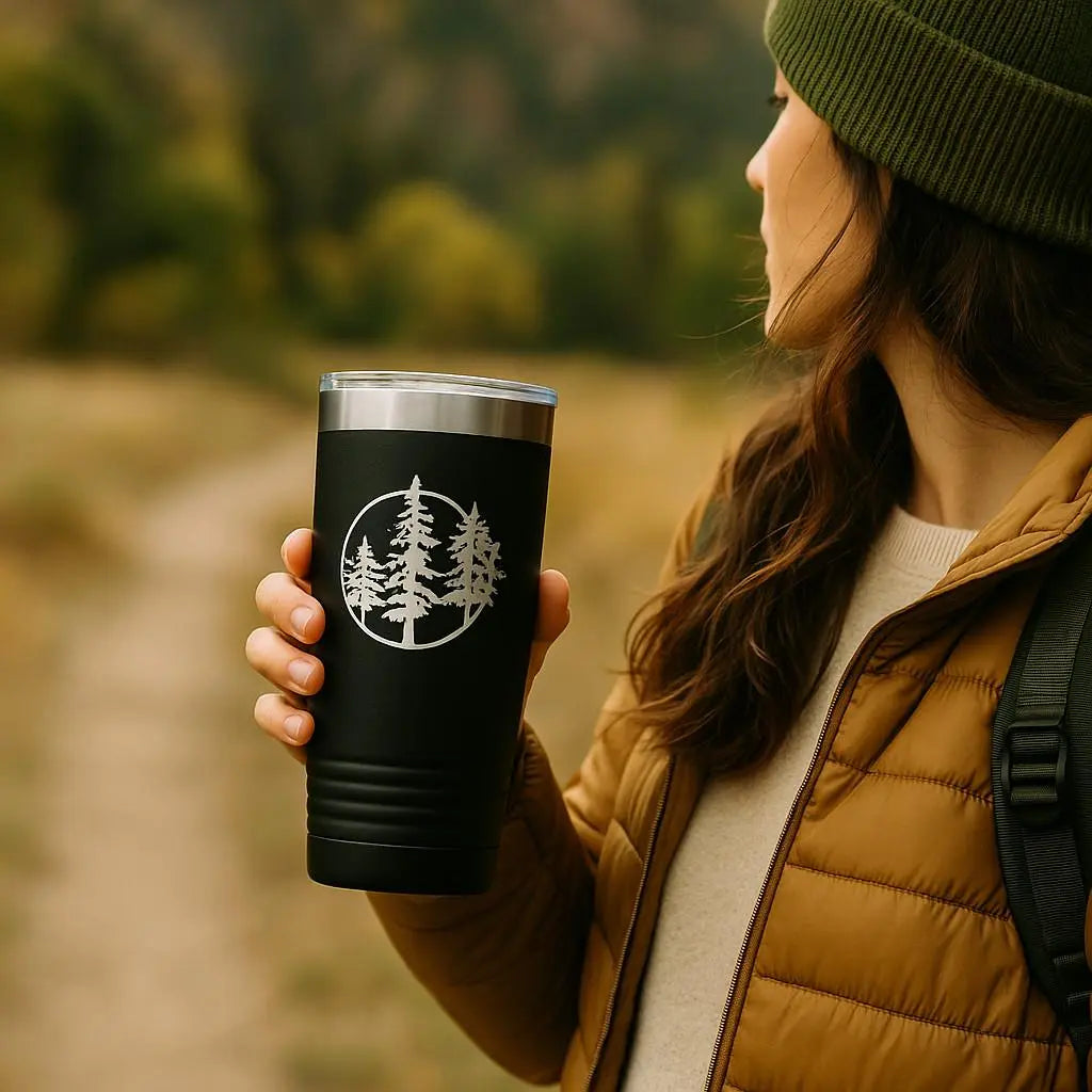 20 Oz Insulated Tumbler for Hiking – Laser-Engraved Pine Tree Design, Black Stainless Steel Travel Mug Joyful Moose