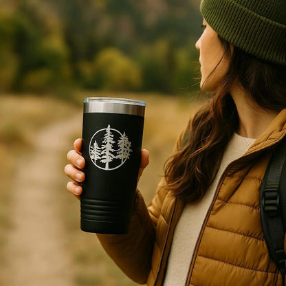20 Oz Insulated Tumbler for Hiking – Laser-Engraved Pine Tree Design, Black Stainless Steel Travel Mug Joyful Moose