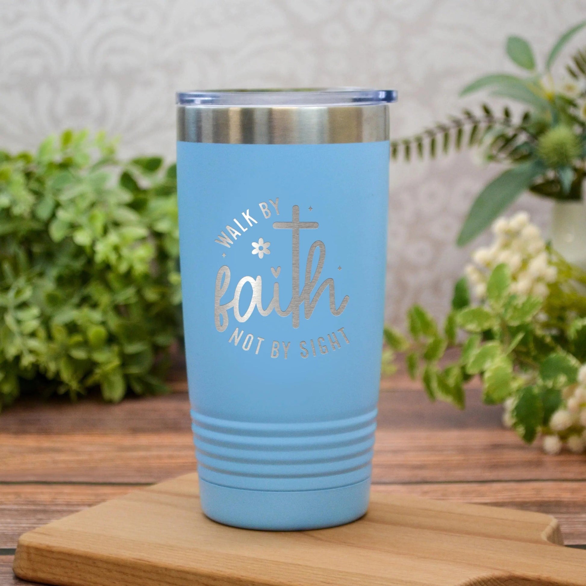 Christian Travel Tumbler with “Walk by Faith Not by Sight” Quote – Insulated Stainless Steel Pink Cup with Lid – Religious Gift for Women Joyful Moose