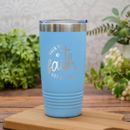 Christian Travel Tumbler with “Walk by Faith Not by Sight” Quote – Insulated Stainless Steel Pink Cup with Lid – Religious Gift for Women Joyful Moose