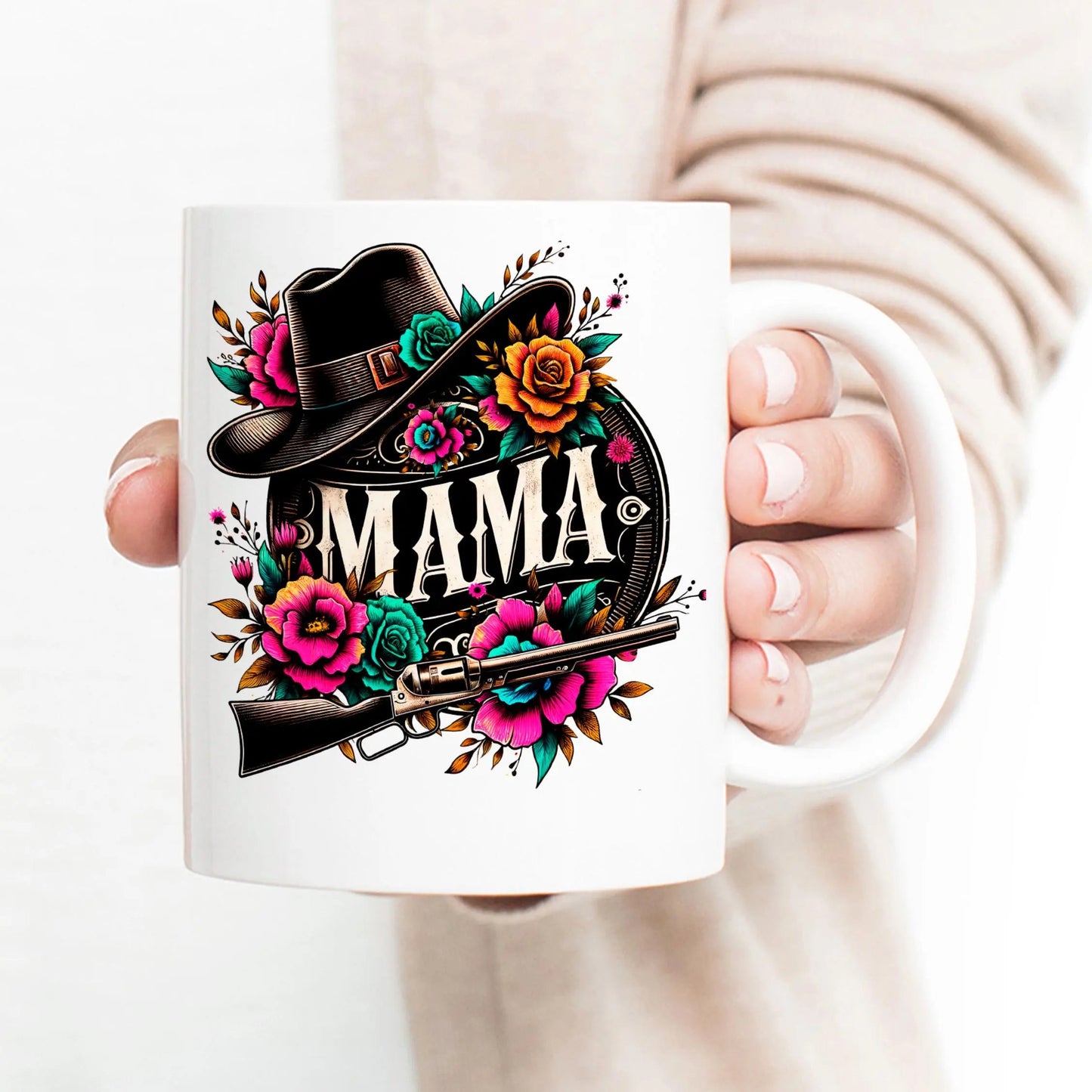 Cowgirl Mama Mug Western Floral Coffee Cup with Hat and Shotgun Design, Mother's Day Gift for Mom 11oz or 15oz, Rustic Country Style Joyful Moose